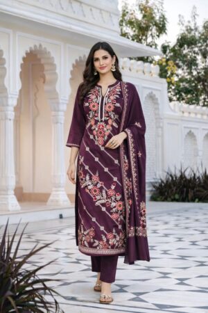 Womenโs Embroidered Kurti Pant Dupatta Set โ Wine Purple