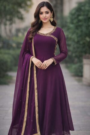 Whine Purple Embroidered Anarkali Kurti With Dhupatta