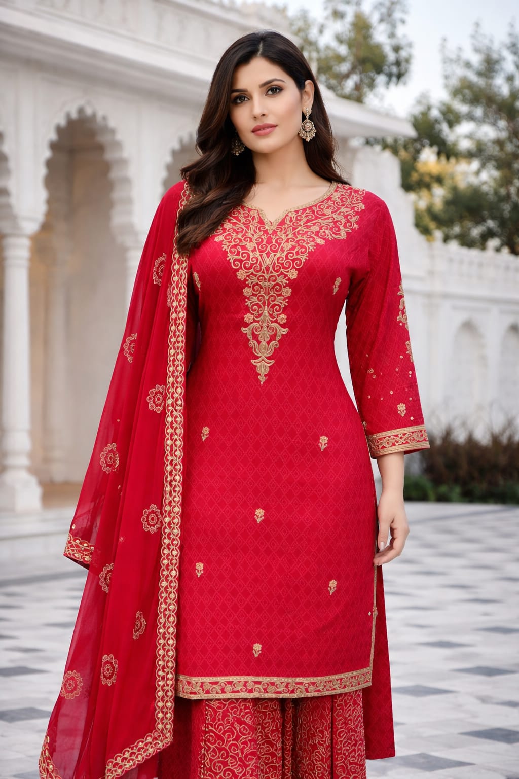 Women Red Embroidered Kurti sharara Dupatta Set - Image 2