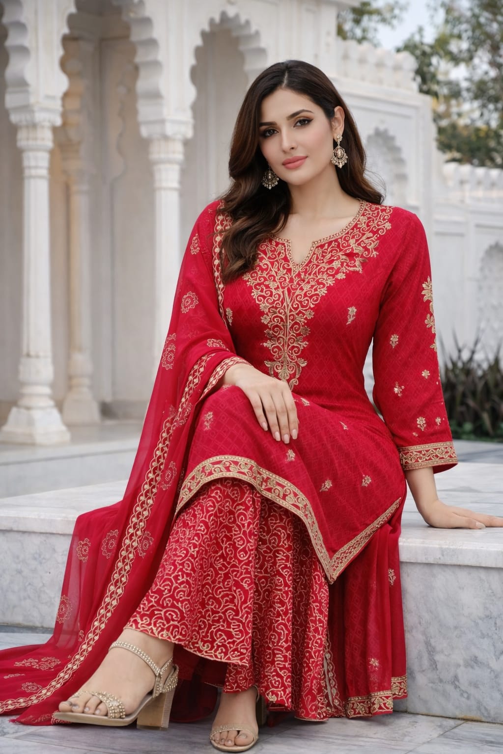 Women Red Embroidered Kurti sharara Dupatta Set