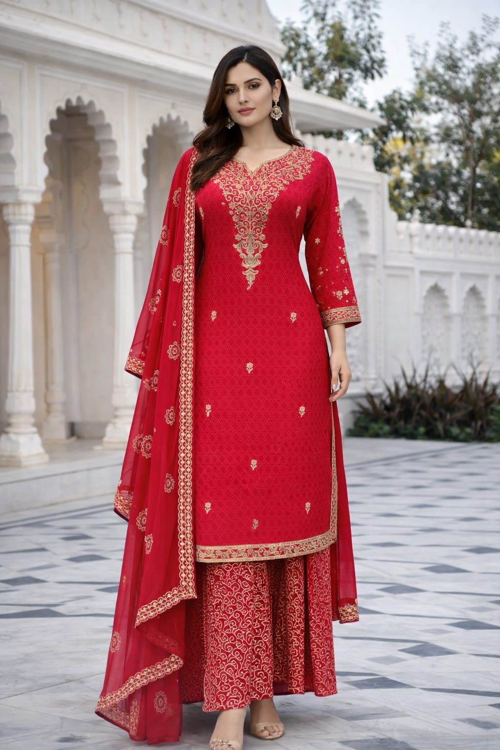Women Red Embroidered Kurti sharara Dupatta Set - Image 3