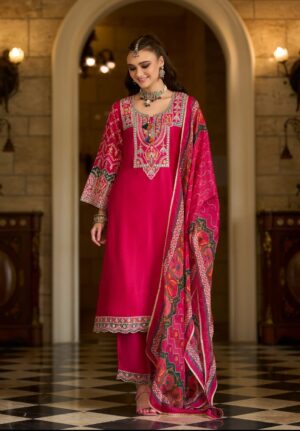 Rani Pink Embroidered Kurti Pant Dupatta Set