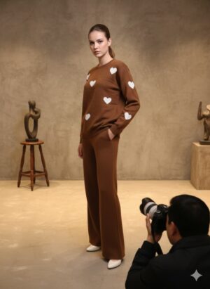 Brown Heart Print Co-Ord Set (Top & Pants)