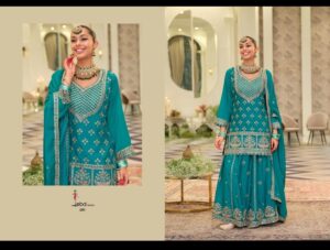 Teal Green Heavy Embroidered Kurti Sharara Dupatta Set