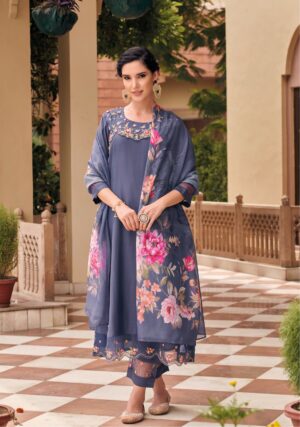 Steel Blue Floral Printed Kurti Pant Dupatta Set