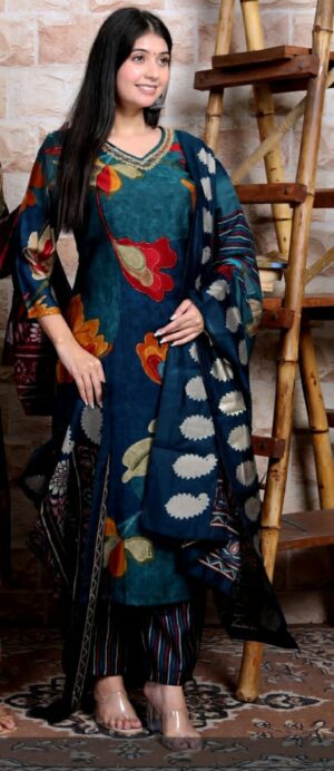 Teal Blue Printed Kurti Pant Dupatta Set